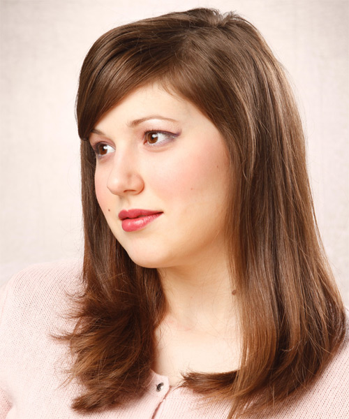 Straight    Chestnut Brunette with Side Swept Bangs - side on view