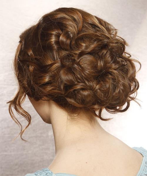 Curly    Brunette with Side Swept Bangs - side on view