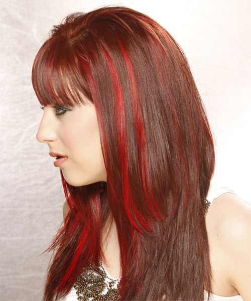 Long Straight Bright Red Hairstyle with Blunt Cut Bangs and Light Red  Highlights