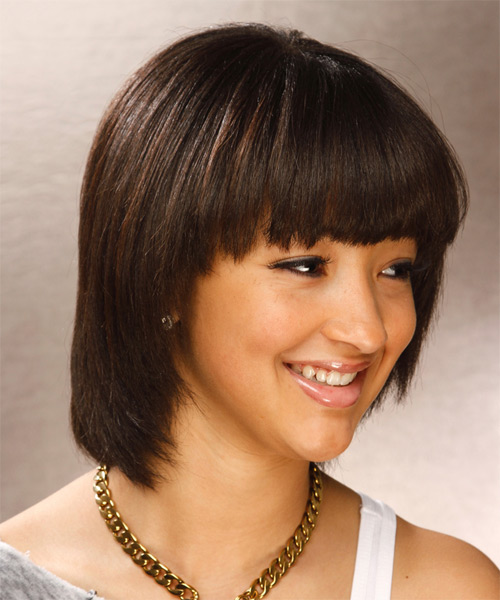 Straight    Mocha Brunette with Blunt Cut Bangs - side on view