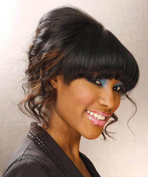 Long Curly   Black  Updo Hairstyle with Blunt Cut Bangs - side on view