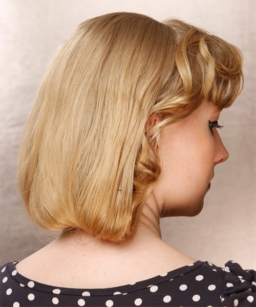 Medium Wavy    Champagne Blonde   Hairstyle with Side Swept Bangs - view from the side