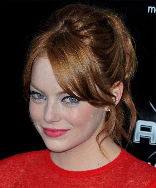 Emma Stone Long Straight Copper Red Updo with Layered Bangs - Hair Color suitable for Cool Skin Tones