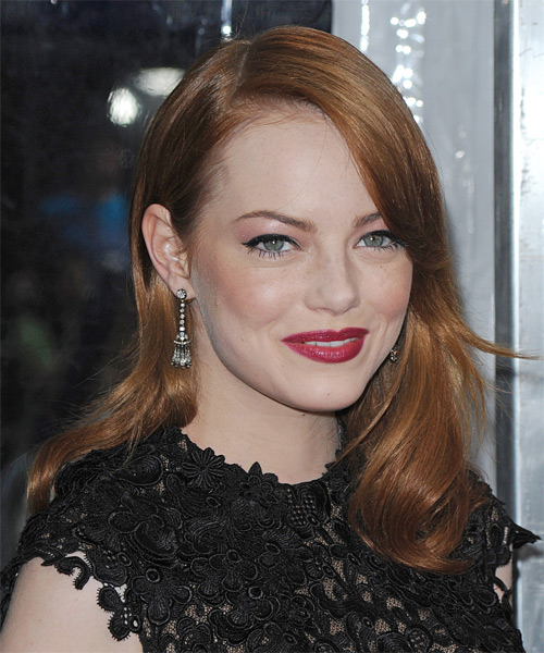 Emma Stone Long Straight    Copper Red   Hairstyle - side on view