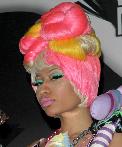 Nicki Minaj Long Curly   Light Platinum Blonde and Pink Two-Tone  Updo with Layered Bangs  and Yellow Highlights - side on view