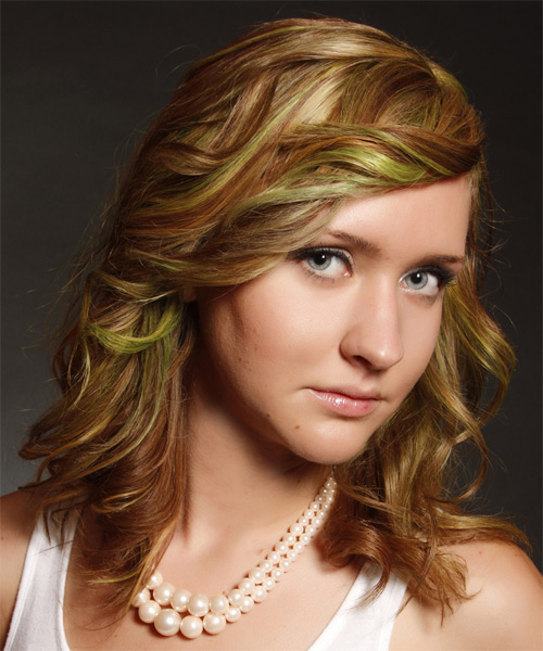 Wavy   Dark Blonde with Side Swept Bangs  and Green Highlights - side on view