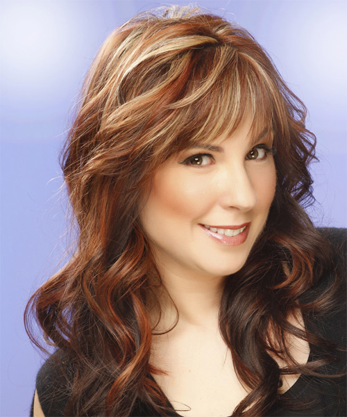 Wavy   Dark Copper Brunette with Layered Bangs  and Light Blonde Highlights - side on view