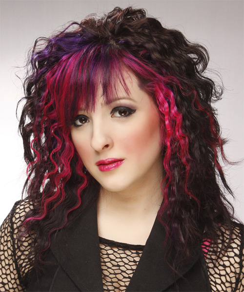 Curly   Dark Brunette and Pink Two-Tone - side on view
