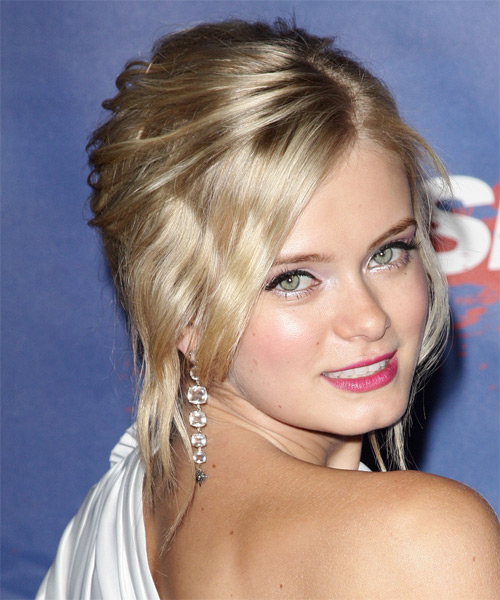 Sara Paxton Medium Curly   Dark Champagne Blonde  Updo   with Light Blonde Highlights - side on view