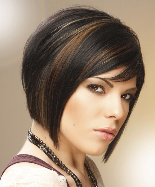 Medium Straight   Black Caramel   Haircut with Side Swept Bangs  and  Brunette Highlights - side on view