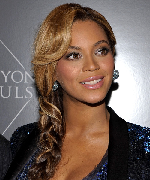 Beyonce Knowles Long Curly   Dark Brunette Braided Updo with Side Swept Bangs  and Light Brunette Highlights - side on view