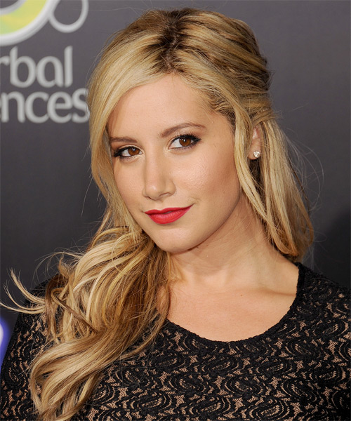 Ashley Tisdale Long Curly   Dark Golden Blonde  Half Up Half Down   with Light Blonde Highlights - side on view