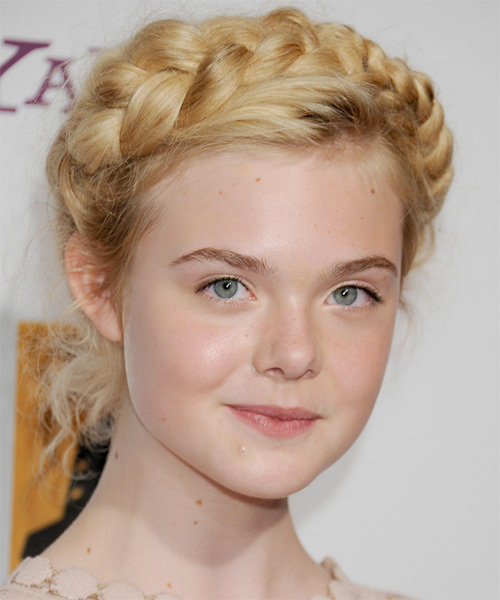 Elle Fanning Long Curly   Light Golden Blonde Braided Updo - side on view