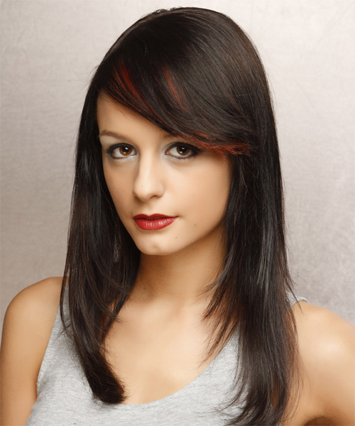 Straight   Dark Brunette with Side Swept Bangs  and Dark Red Highlights - side on view