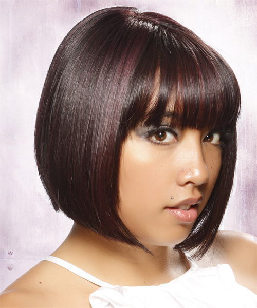 Short Straight Layered Dark Brunette Bob Haircut with Blunt Cut Bangs