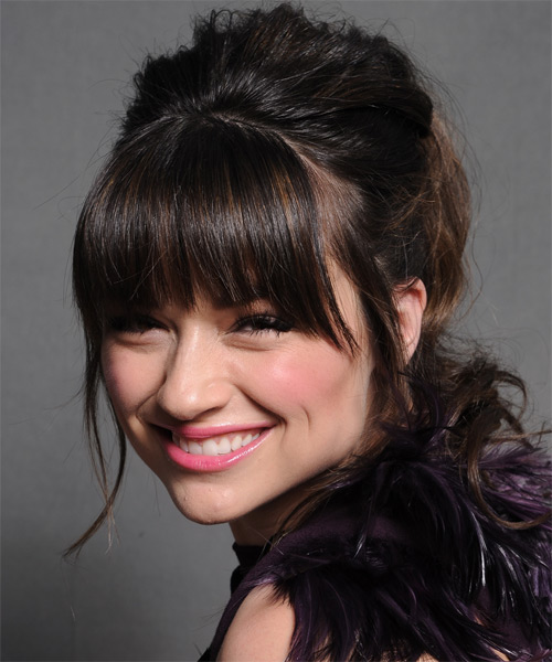 Crystal Reed Long Straight   Dark Brunette  Updo with Blunt Cut Bangs - side on view