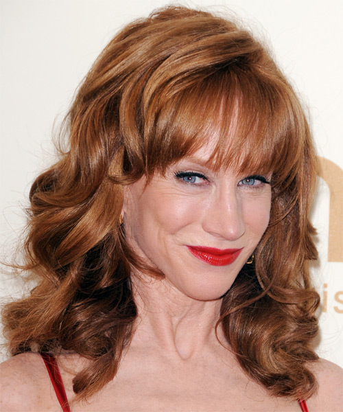 Kathy Griffin Medium Wavy    Copper Brunette   with Layered Bangs - side on view