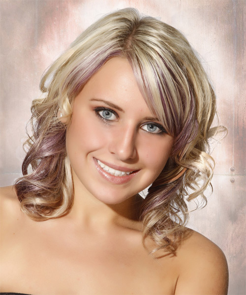 Medium Curly   Light Ash Blonde  Hairstyle with Side Swept Bangs  and Purple Highlights - side on view