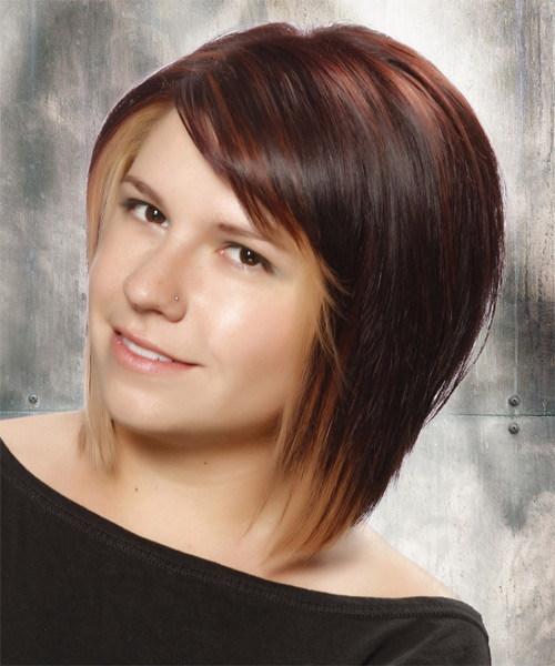 Medium Straight Layered Dark Plum Red Bob Haircut with Side Swept Bangs and  Light Blonde Highlights