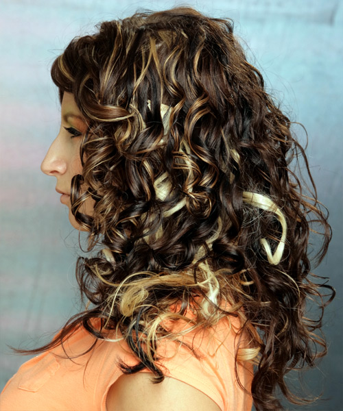 Curly   Mocha   with Light Blonde Highlights - side on view