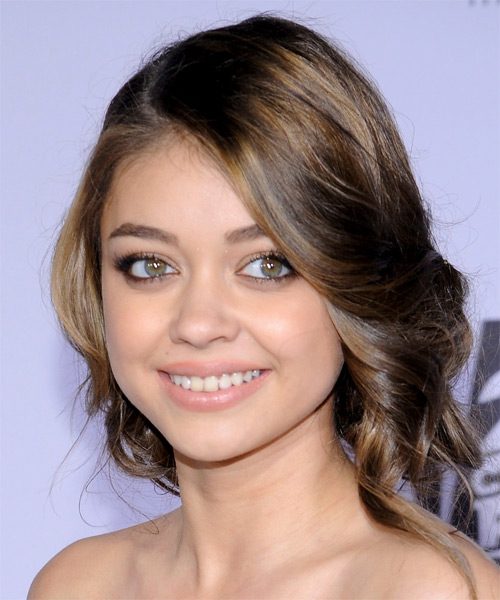 Sarah Hyland Long Curly   Light Brunette  Updo   with  Blonde Highlights - side on view