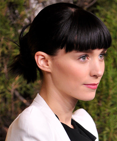 Rooney Mara Long Straight   Black   Updo with Blunt Cut Bangs - side on view