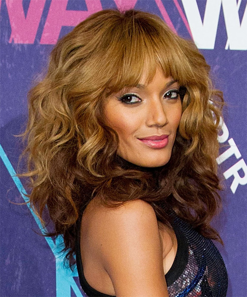 Selita Ebanks Long Curly   Light Golden Brunette and Dark Brunette Two-Tone   with Layered Bangs - side on view
