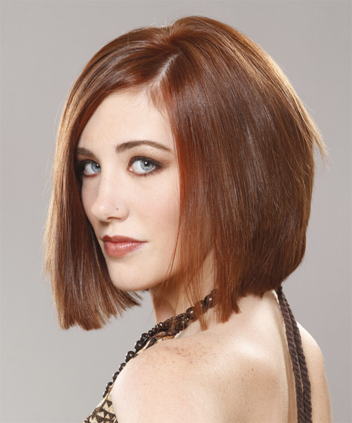 Medium Straight    Chestnut Brunette  Haircut with Side Swept Bangs - side on view