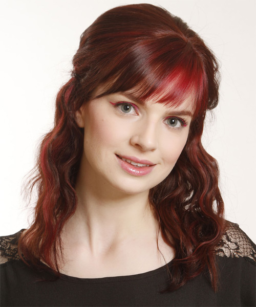   Medium Curly   Dark Red  Half Up Hairstyle with Layered Bangs  - Side on View