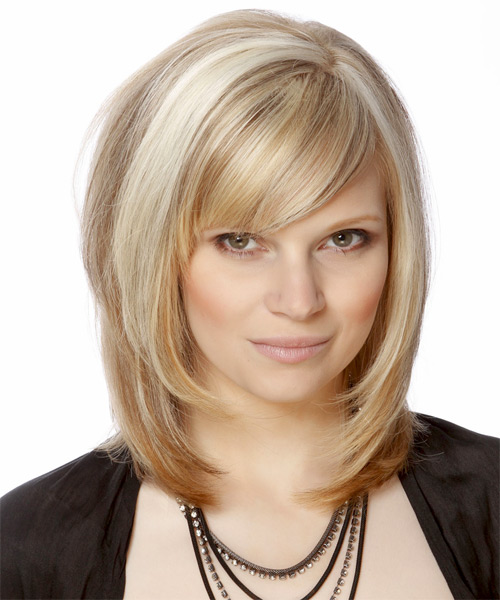 Straight   Light Champagne Blonde with Side Swept Bangs  and Light Blonde Highlights - side on view