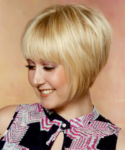 Short Sleek Concave Bob Haircut With Layered Bangs - side on view