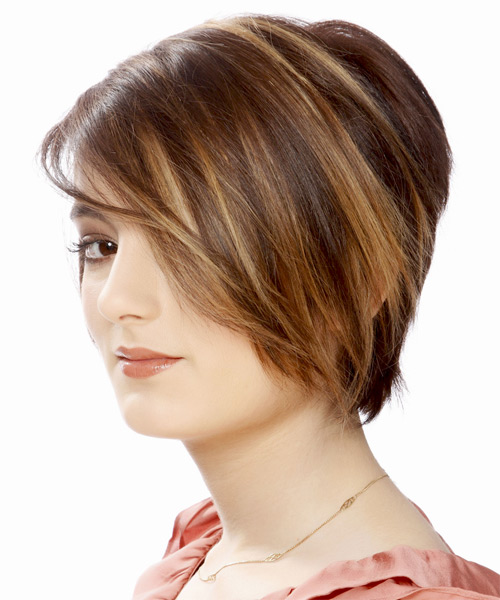 Short Dark Brunette Bob Haircut with Side Swept Bangs and Light Brunette Highlights - side on view