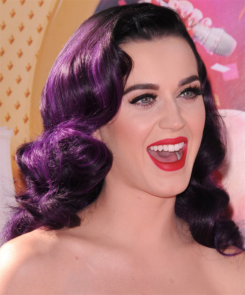 Katy Perry Long Wavy   Purple    Hairstyle   - Side on View