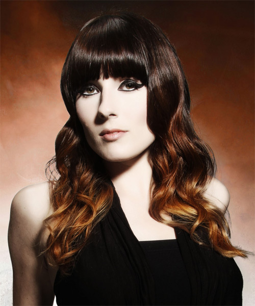 Long Multi-Colored  Waves With Blunt Cut Bangs - side on view