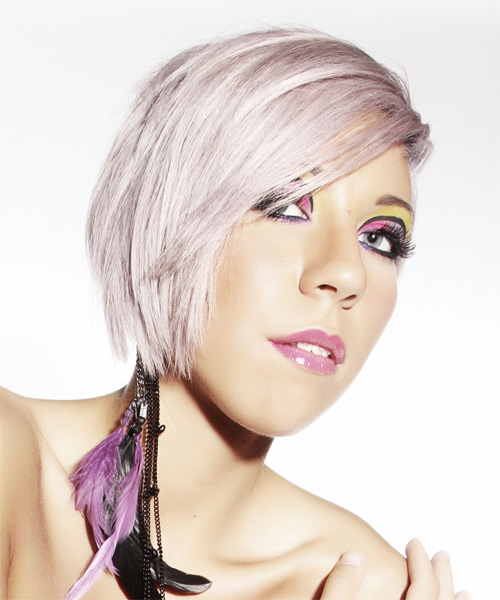 Short Light Platinum Blonde Asymmetrical Haircut With Pink Highlights - side on view