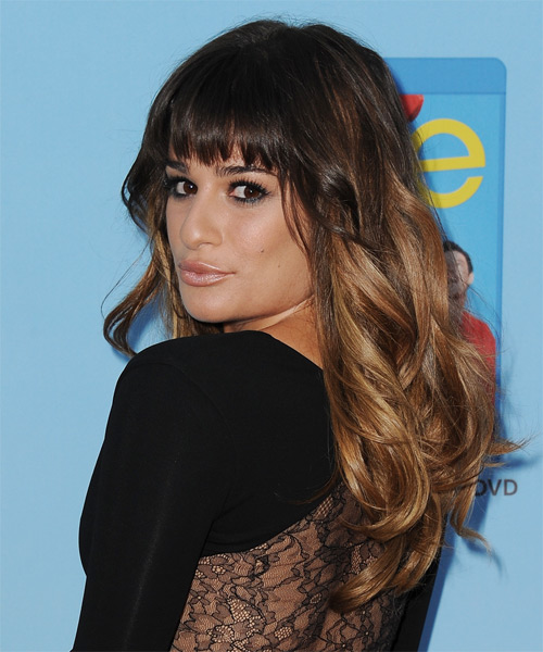 Lea Michele Long Straight    Brunette and Dark Blonde Two-Tone   with Layered Bangs - side on view