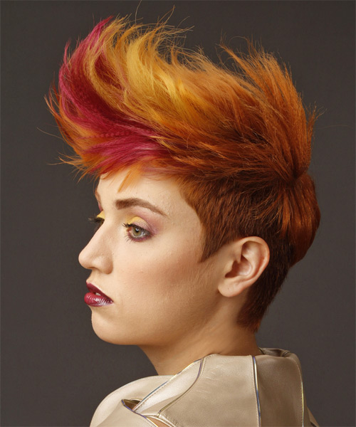 Short Wavy Halloween Hairstyle with Side Swept Bangs - Medium Copper Red and Medium Red Two-Tone Hair Color with Yellow Highlights