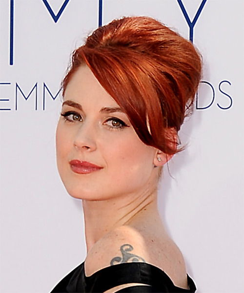 Alex Breckenridge Long Straight    Red  Updo with Side Swept Bangs - side on view
