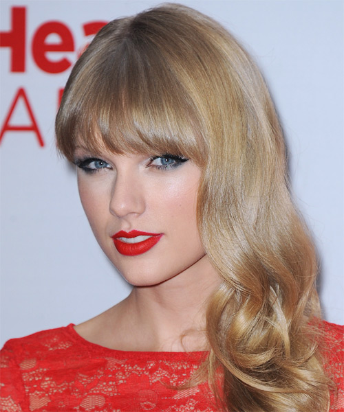 Taylor Swift Long Wavy    Blonde   with Blunt Cut Bangs - side on view