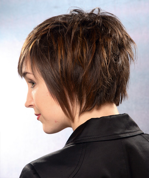 Short Full-Bodied Chocolate Hairstyle With Bangs - side on view