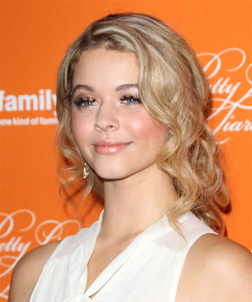 Sasha Pieterse Long Curly   Dark Blonde  Updo   with Light Blonde Highlights - side on view