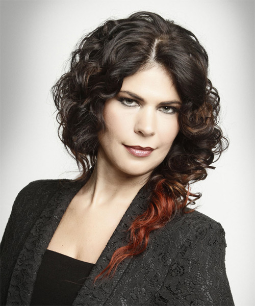  Dark Brunette And Red Two-Tone Hairstyle With Curls - side on view