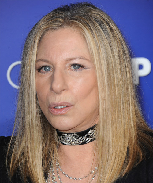 Barbra Streisand Long Straight    Blonde     with Light Blonde Highlights - side on view