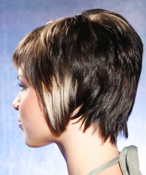  Straight Dark Brunette Hairstyle With Blonde Highlights - side on view