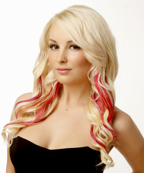  Long Wavy   Light Blonde   Hairstyle with Side Swept Bangs  and Light Red Highlights - Side on View