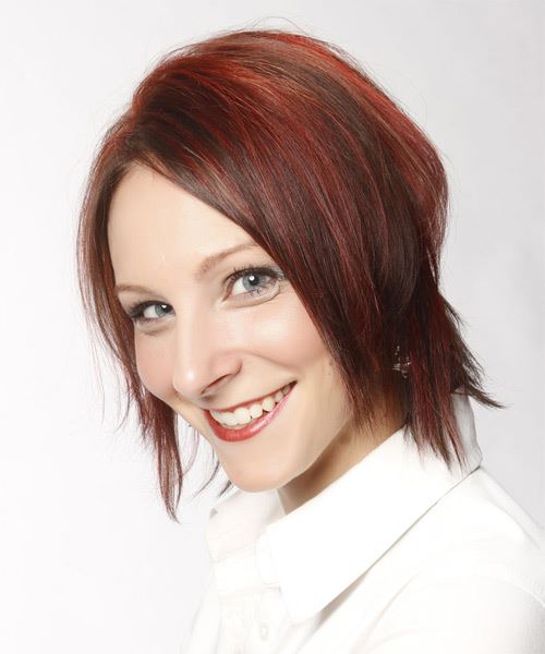 Red Textured Chin-Length Jagged Cut With Zig-Zag Part - side on view