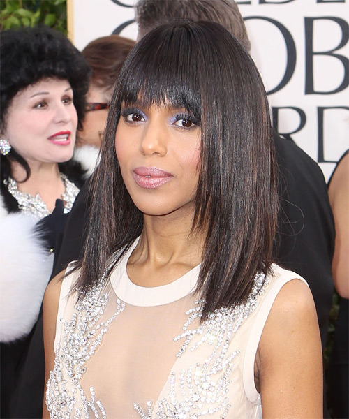 Kerry Washington Medium Straight   Black    with Layered Bangs  and  Brunette Highlights - side on view