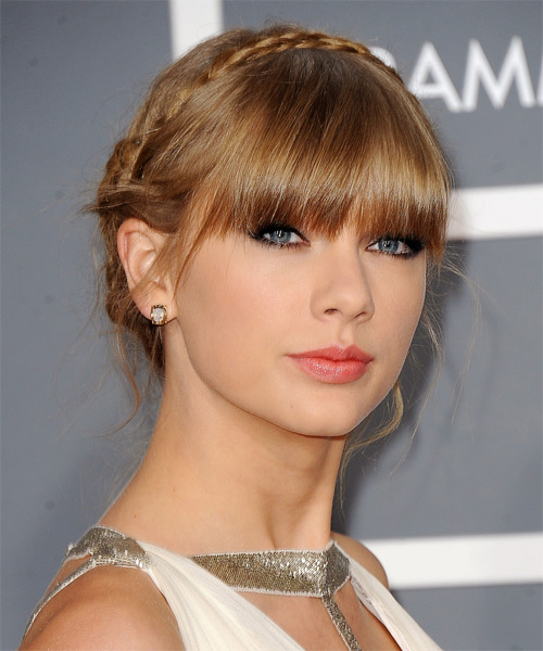 Taylor Swift Straight   Dark Golden Blonde with Blunt Cut Bangs - side on view