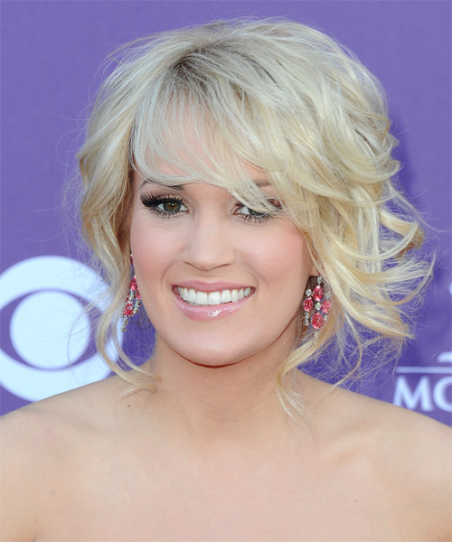 Carrie Underwood Curly   Light Blonde with Side Swept Bangs - side on view