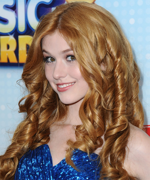 Katherine McNamara Long Curly    Copper Blonde     with Light Blonde Highlights - side on view